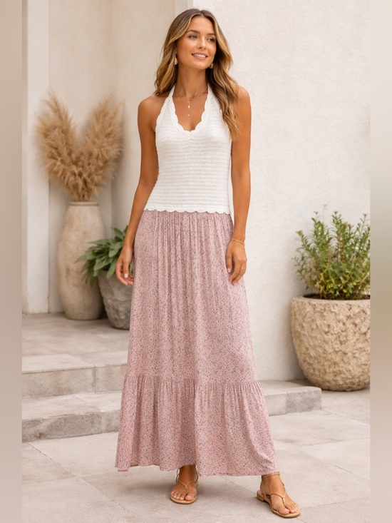 Black Tape_ Dresses & Skirts - Black Tape White Crochet Halter Maxi Dress Boho Tiered Floral Skirt Size XL